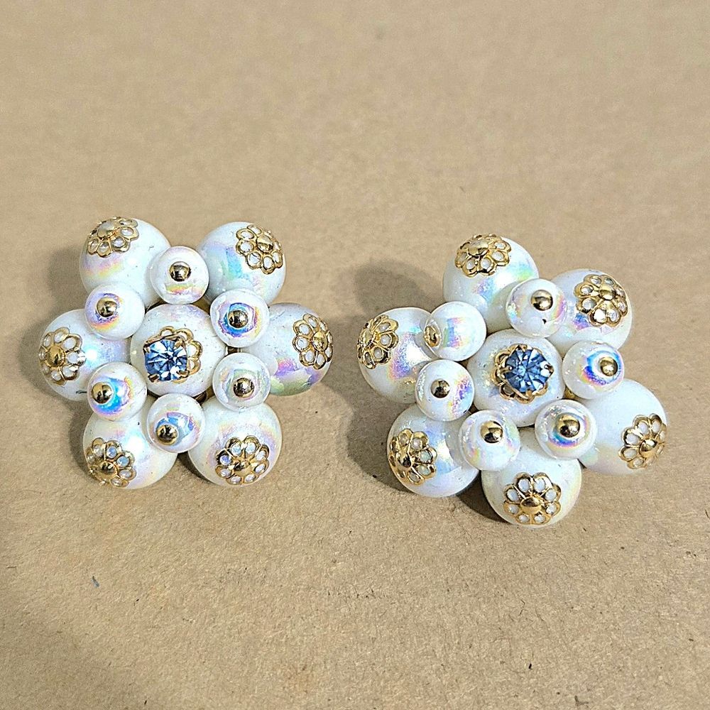 Vintage White, Gold, And Blue Floral Clip Earrings